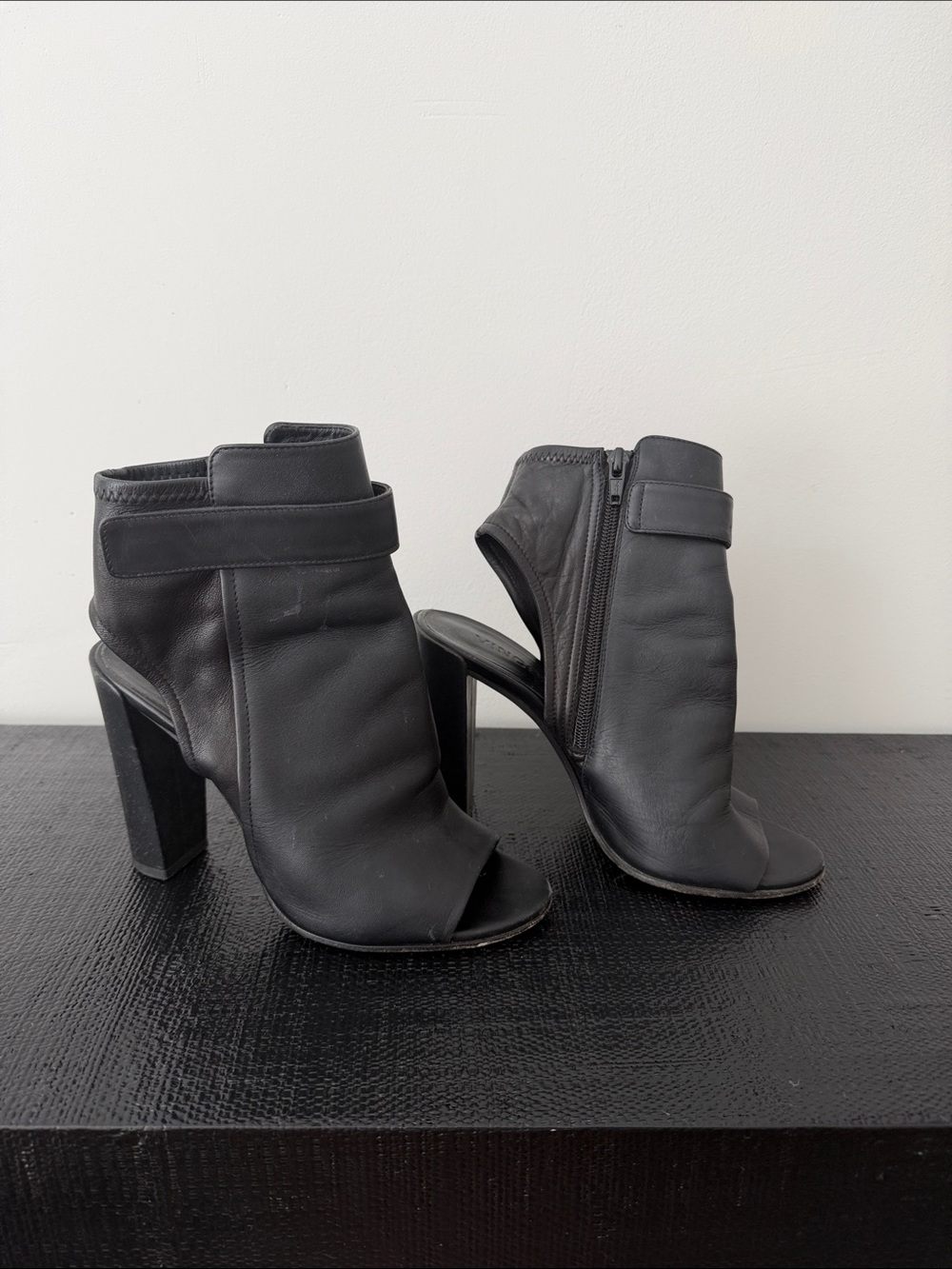 Vince Black Peep-Toe Leather Block Heel Booties